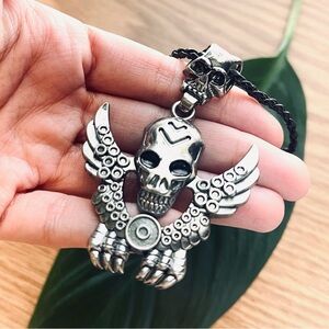 Winged Skull Goth Faux Leather Chain Necklace